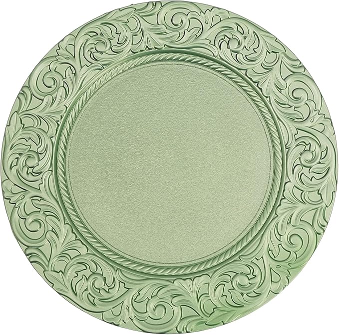 100 Pcs 13 Inch Green Charger Plates, Bulk PP Wedding Chargers with Floral Reef Design Decorative Round Ruffled Rim Dinner Plates for Wedding Party Event Table Setting Decoration