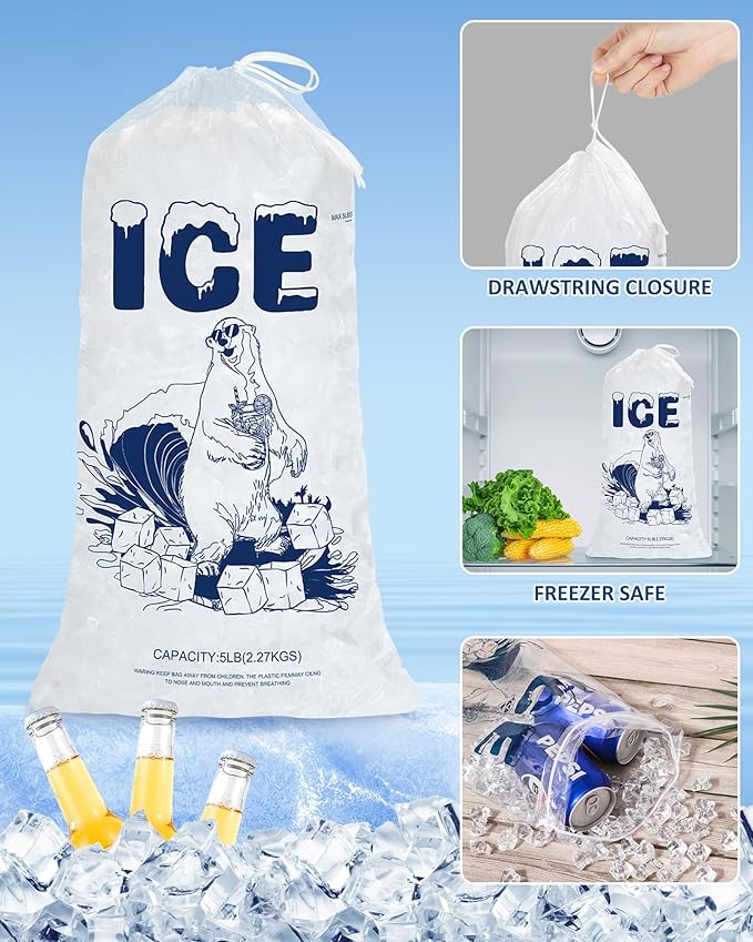 5lb Ice Bags with Drawstring – 50 Pack Reusable Heavy-Duty Plastic Ice Cube Bags for Freezer, Ice Maker, Coolers, Camping, Storage, Leak-Resistant & Food Safe
