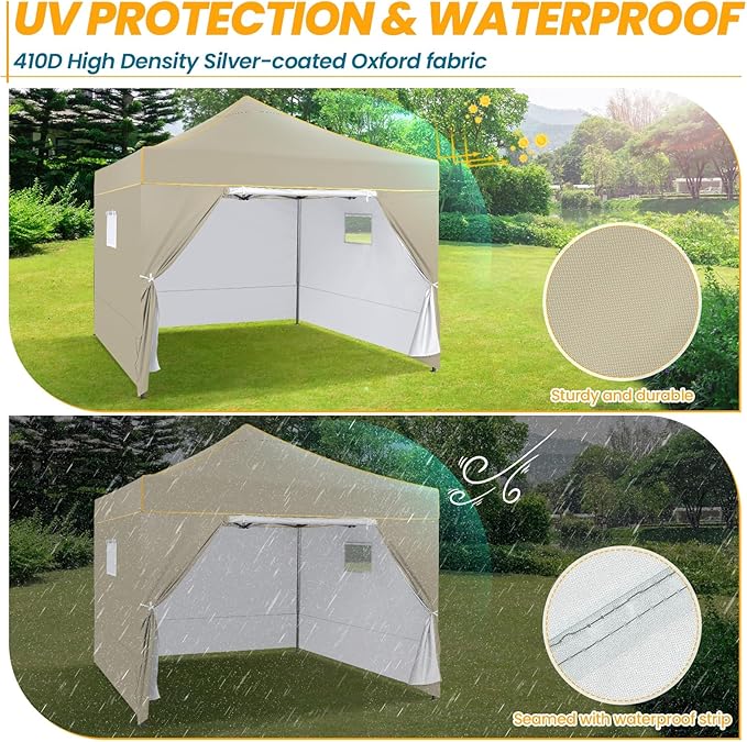 COBIZI 10x10 Pop Up Canopy Tent Commercial Heavy Duty Instant Canopy with 4 Sidewalls, UV 50+ Silver Coated Waterproof Vendor, Portable Shelter with Carry Bag, Event Tent for Parties, Khaki