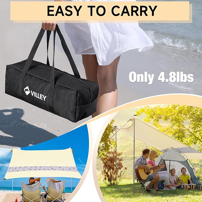 VILLEY Beach Tent Sun Shelter with UPF50+ Protection for 5 Person, 8x7FT Portable Sun Shade with 2 Stability Poles and 4 Sandbags, Outdoor Beach Canopy for Camping, Picnics, Fishing, Outdoors(Khaki)