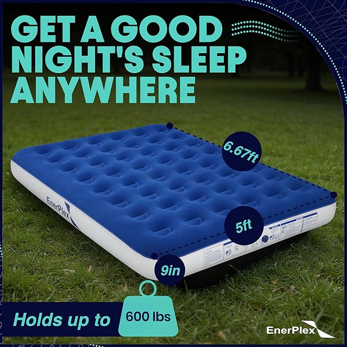 EnerPlex Camping Air Mattress with Built in Pump - Queen Blow Up Mattress for Travel & Guests - Portable Bed for Adults and Kids - Blue