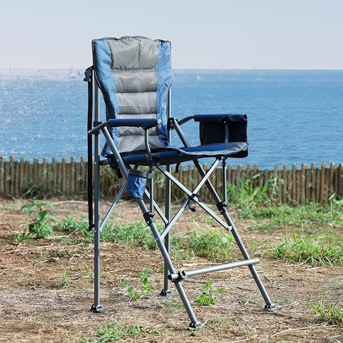 Extra Tall Folding Chairs for Adults 2 Pack, Portable Bar Height Foldable Director Chairs for Camping Outside, Comfortable with Makeup PocketHigh Back and Footrest, Blue and Black