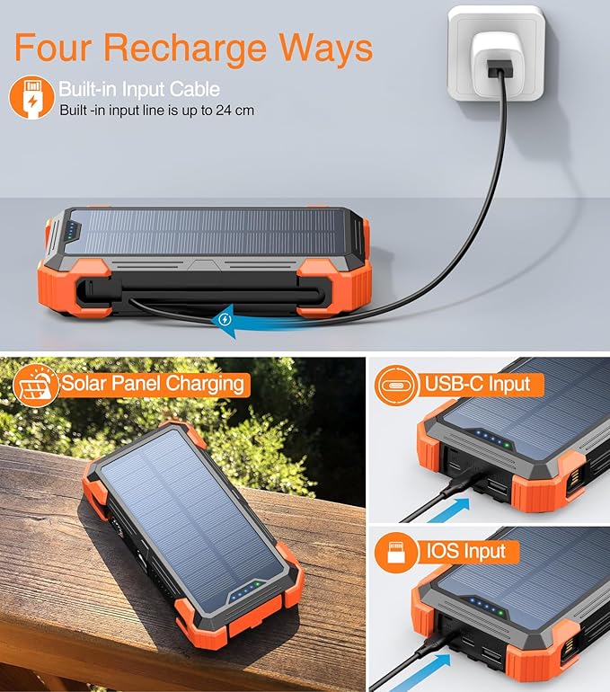 GOODaaa Portable Charger 42800mAh Built in 4 Cables and Thermometer 15W Fast Charging Power Bank Five Outputs Three Inputs Solar Charger Power Bank, SOS/Strobe/Strong Flashlights, Carabiner