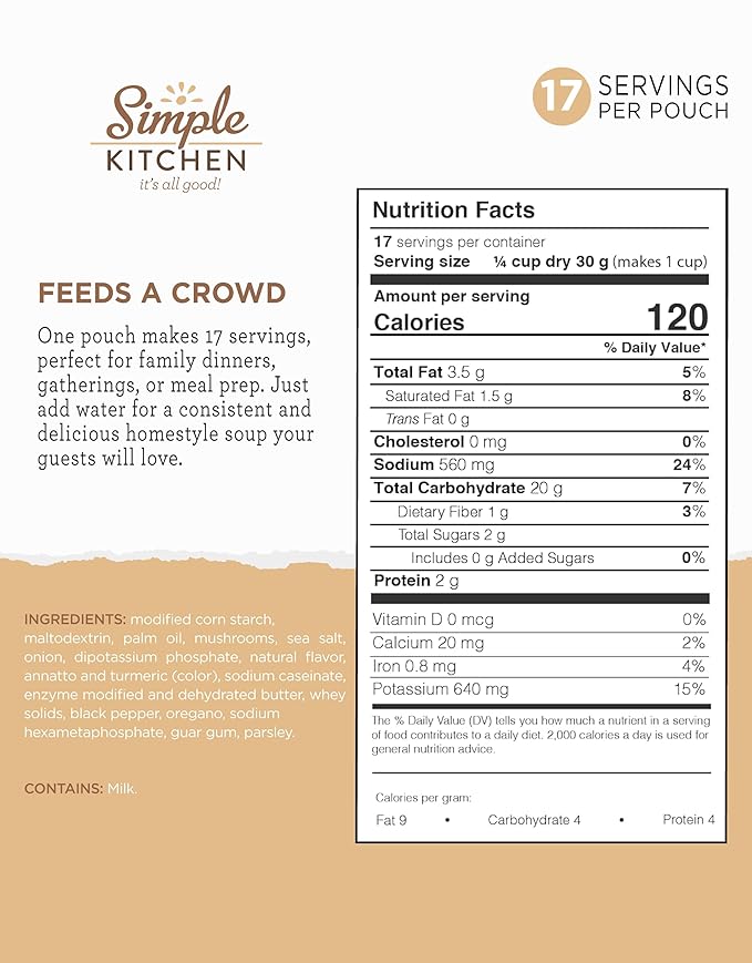 Simple Kitchen Cream of Mushroom Soup Mix - 17 Servings for Meal Prep, Vegetarian, Gluten Free, Dehydrated & Freeze Dried Survival Food for Camping Meals, Backpacking & Hiking, Survival Kit, Pack of 4
