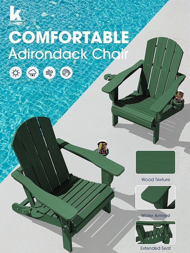 KINGYES Folding Adirondack Chair Set of 4, Dual Cup Holders & All-Weather HDPE, Wood-Like Patio Chair for Backyard, Camping, Pool & Fire Pit, Dark Green