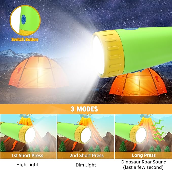 2Pack Rechargeable Dinosaur Flashlight with Roar for Kids, Camping Gear Handheld Flashlight for Kids, Halloween Christmas Lights for Boys Girls, Dino Kid Lantern