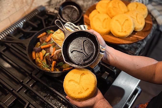 Lodge Pre-Seasoned Yellowstone Stamped Cast Iron Cookware - Signature Teardrop Handle - Use in the Oven, on the Stove, on the Grill, or Over a Campfire - Power Y 5 Inch Skillet