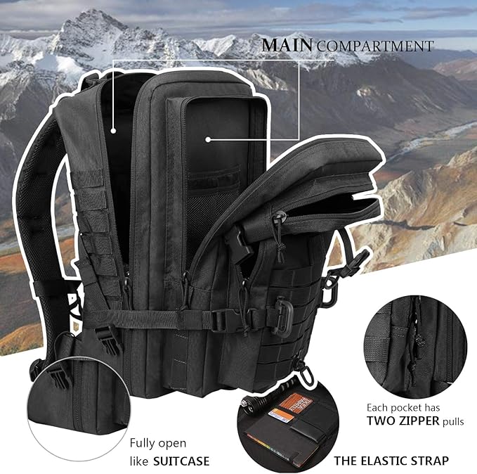 MOLLE Assault Backpack, Tactical Backpack Military Army Camping Rucksack, 3-Day Pack Trip w/USA Flag Patch, D-Rings, Black