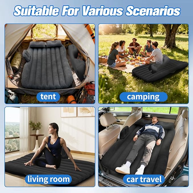 Inflatable Car Air Mattress Back Seat Bed with Air Pump,55 "x 35" Portable Thickened Car Travel Camping Sleeping Air Mattress Blow Up Bed for Car Universal SUV