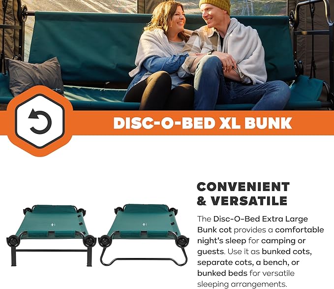 Disc-O-Bed Extra Large Portable Bunk Camping Cots with Carry Bags - Heavy-Duty Indoor or Outdoor Sleeping System, Converts to Bench or Separate Beds, 500 lb Weight Capacity Per Cot, Green