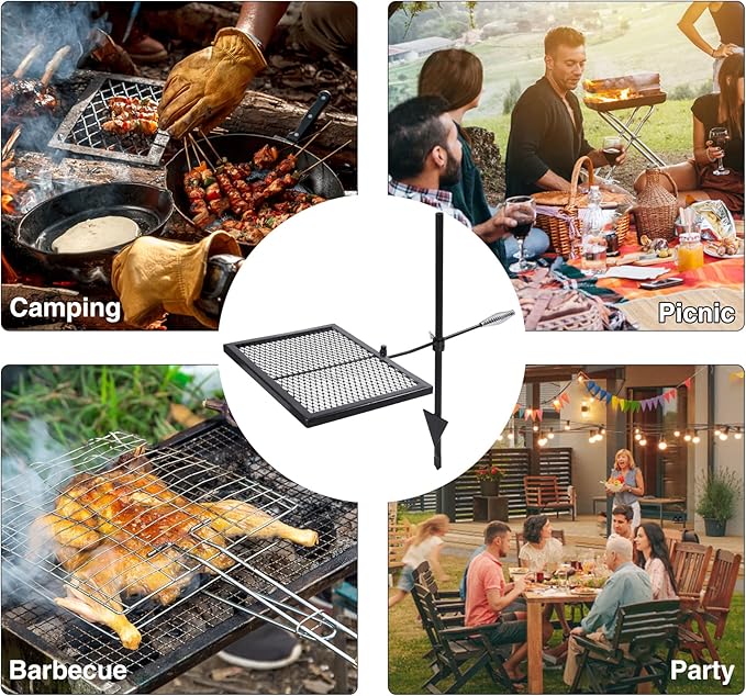 Lineslife Swivel Campfire Grill Grate, Adjustable Heavy Duty Steel Open Fire Grill Rack, Fire Pit Grill Grate Over Fire Pit with Carrying Bag for Outdoor Camping BBQ, Rectangle Black