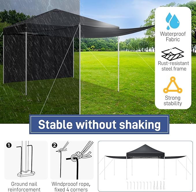 Outvita 10x10ft Ez Pop Up Canopy, Portable Instant Canopy Tent with 2pcs SideWalls and 4pcs Camping Upright Poles for Outdoor Events, Party, Wedding, Birthday,Graduation Gray