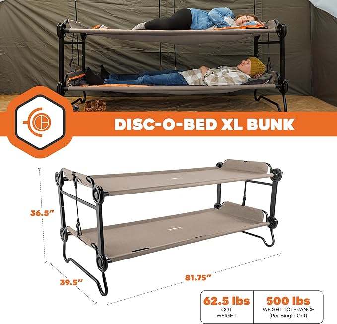 Disc-O-Bed Extra Large Outdoor Convertible 2 Person Bench and Double Camping Cot Portable Bed for Adults, Tan