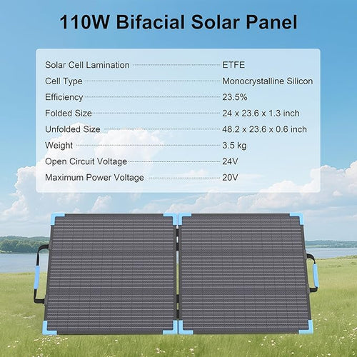 110W Bifacial Portable Solar Panel Suitcase, 23.5% High Efficiency ETFE Foldable Solar Charger for Power Station,IP68 Waterproof 2 Reinforced Kickstands for RV Camping Off-Grid Blackouts