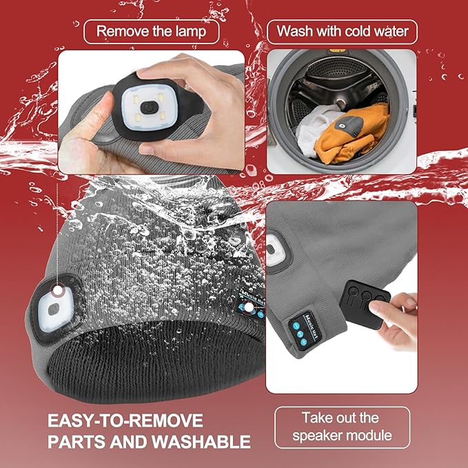 Gifts for Men, Rechargeable Bluetooth Music Unisex Beanie Hat with Light, Valentines Day Gifts for Him, Birthday Gifts for Men, Women, Grey
