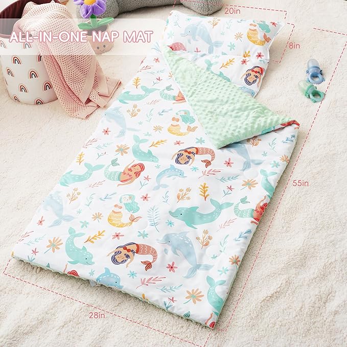Bunnikins & Clover Toddler Nap Mat with Removable Pillow, Nap Mats for Preschool, Easy Clean Toddler Nap Pad for Kindergarten, Kids Sleeping Bag for Travel Camping