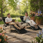 FUNDANGO Chaise Lounge Chair Outdoor, 5-Position Folding Tanning Chair with Detachable Side Table & Pillow, 180° Lay Flat Portable Beach, Heavy Duty U-Frame for Patio, Pool, Lawn, 265lbs（Black 2 pack）