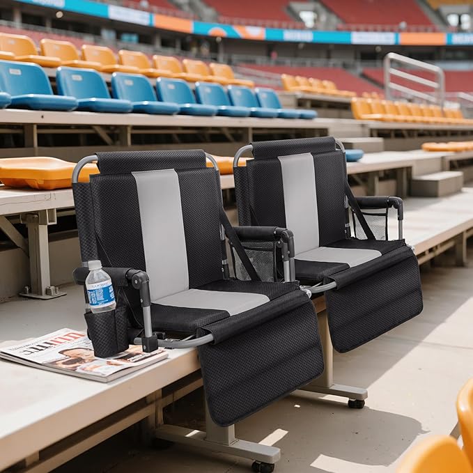 LET'S CAMP Folding Stadium Seat Bleacher Chair with Cup Holder, Mesh Bag and Hide Hooks, Portable Stadium Chair with Back and Cushion