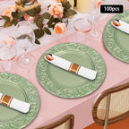 100 Pcs 13 Inch Green Charger Plates, Bulk PP Wedding Chargers with Floral Reef Design Decorative Round Ruffled Rim Dinner Plates for Wedding Party Event Table Setting Decoration