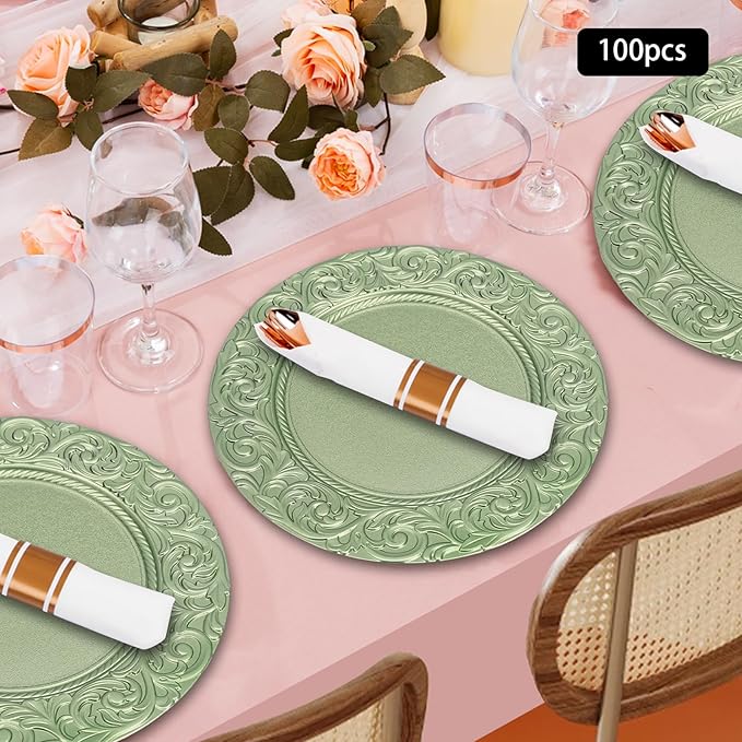 100 Pcs 13 Inch Green Charger Plates, Bulk PP Wedding Chargers with Floral Reef Design Decorative Round Ruffled Rim Dinner Plates for Wedding Party Event Table Setting Decoration