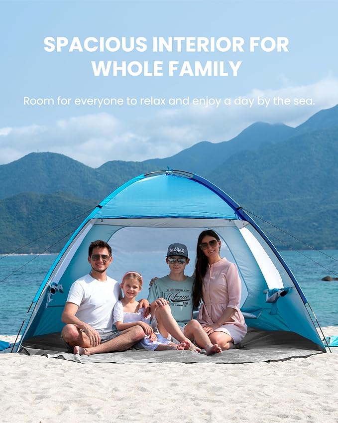 OutdoorMaster Beach Tent for 3/4/6/8 Person - Easy Setup Sun Shade Shelter, Portable Beach Shade Sun Canopy with UPF 50+ UV Protection, Removable Skylight Family Size