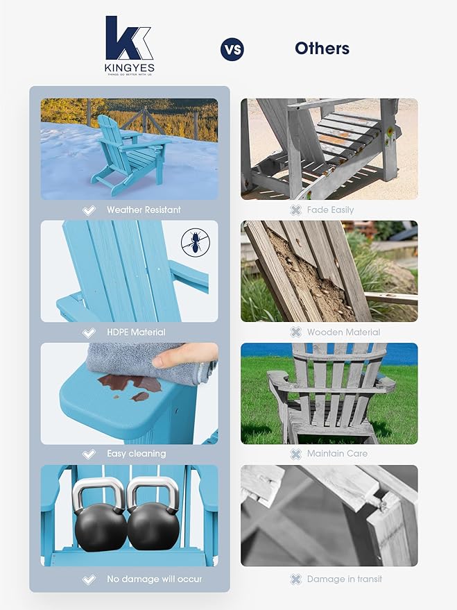 KINGYES Folding Adirondack Chair Set of 4, Dual Cup Holders & All-Weather HDPE, Wood-Like Patio Chair for Backyard, Camping, Pool & Fire Pit, Light Blue