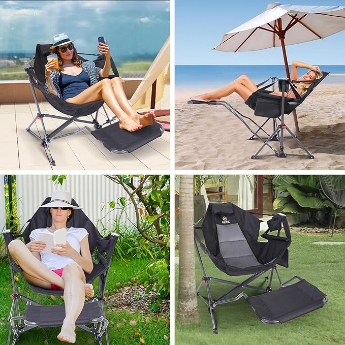 Nice C Hammock Camping Chair with Footreat, Swinging Camping Chair Rocker, High Back Chairs with Stand, Cup Holder, Side Pocket, Heavy Duty (1 Pack, Black)