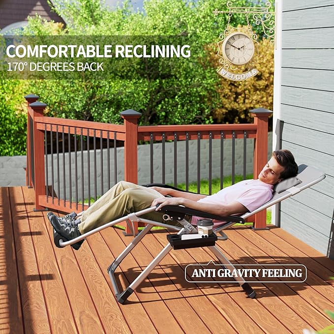 UDPATIO Zero Gravity Chair Oversized Outdoor Anti Gravity Chairs Patio Lounge Folding Adjustable Chair with Cup Holder, Foot Pad & Padded Headrest, Supports 500lbs (1, Light Gray, 33in)