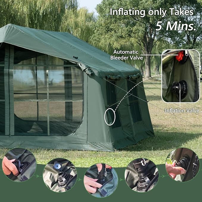 Oxford Inflatable Tent for Camping with Hand Pump, 4 Season Glamping Tents with Stove Jack for 8-12 Person, Waterproof Outdoor Party Camping Festival