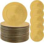 DYRABREST 100 Pcs Gold Charger Plates, 13 Inch Bulk Round Charger Plates Plastic Wedding Dinner Elegant Reusable for Table Setting Wedding Party Event Tabletop Setting Decor (Gold)