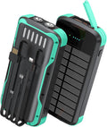 Solar Charger Power Bank, PD 20W Fast Charging External Batter, 40000mAh Portable Phone Charger Built in 4 Cables with Dual Bright Flashlights for Camping, Hiking, and Outdoor Use（Green）