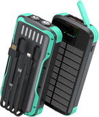 Solar Charger Power Bank, PD 20W Fast Charging External Batter, 40000mAh Portable Phone Charger Built in 4 Cables with Dual Bright Flashlights for Camping, Hiking, and Outdoor Use（Green）