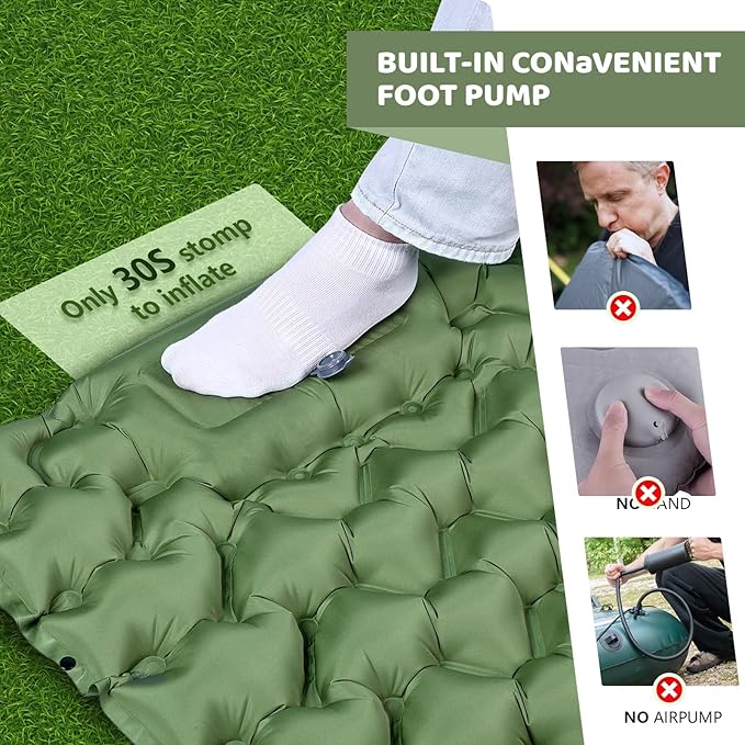 Ultralight Air Pad: 1.9lbs Camping Mattress with Pillow & Foot Pump - 4" Thick with One-Second Deflation for Easy Backpacking