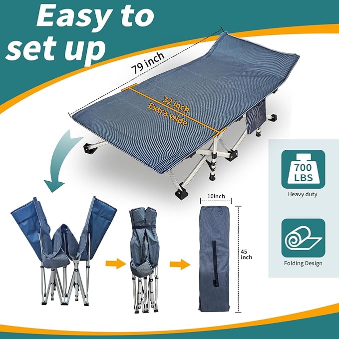 Extra Wide XXL Camping Cot with Comfortable Mattress Cots for Sleeping Folding Cot Camping Bed 79" L x 32" W x 18" H Heavy Duty with Carry Bag Outdoor Indoor