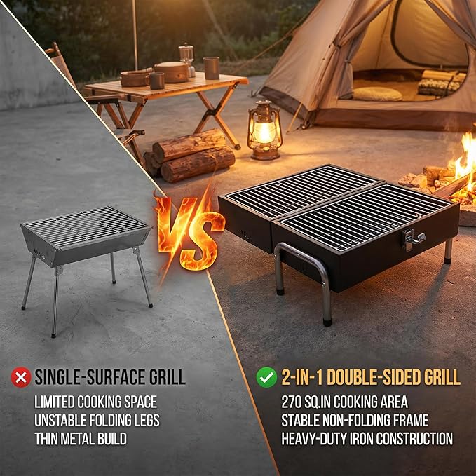 Portable Charcoal Grill, Table Top Small BBQ Grill For Outdoor, Camping, Beach, Easy Assembly, Heavy Duty & Multi-Use Small Grill, Black (270 Sq.In)