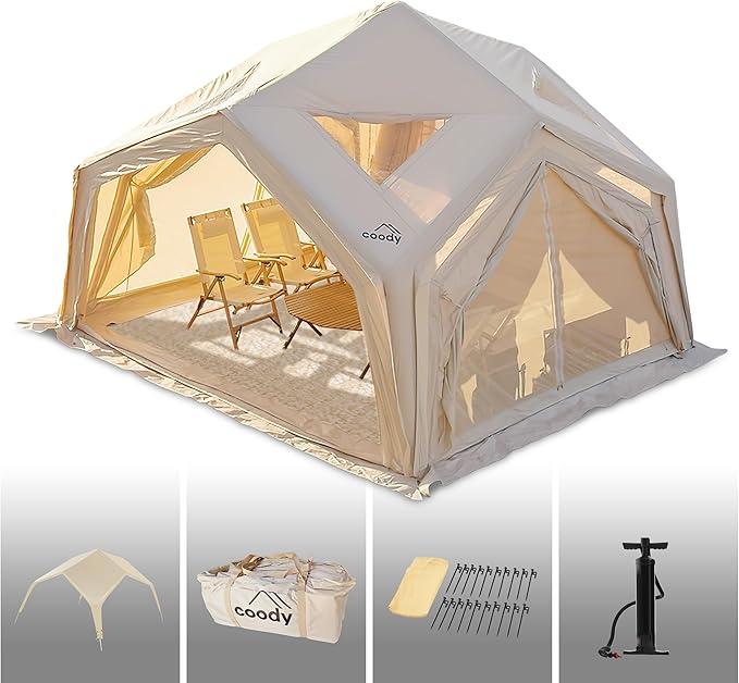 Coody Inflatable Canvas Camping Tents with Stove Jack – Premium Air Beam Family Glamping Tent, Breathable Cotton Canvas, Fast Setup Air Tent with Pump