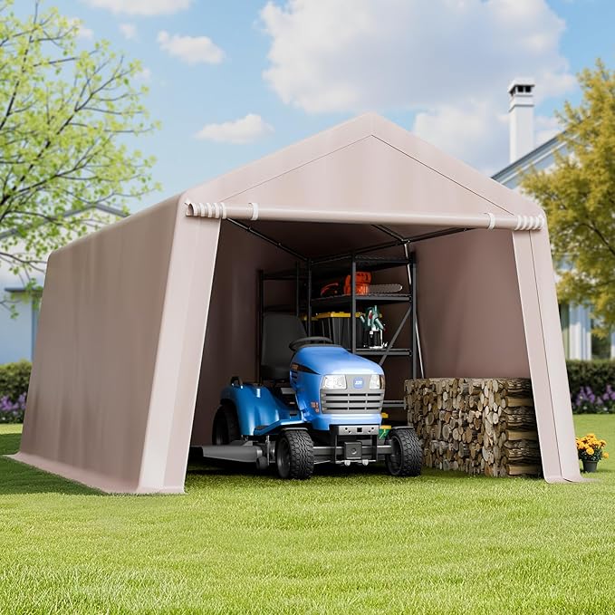 VEVOR Outdoor Storage Shed, 10 x 15 ft Portable Storage Tent with Roll-up Door & Vents, Waterproof Canopy Shed Shelter, Heavy Duty Frame, Patio Garage Carport for Motorcycle, Lawn Mower, Bike, Beige