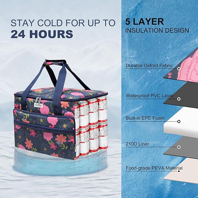 Soft Cooler Bag Floral 40 Cans, Collapsible Insulated Large Lunch Bag for Women, Portable Storage for Camping Travel Picnic BBQ Beach
