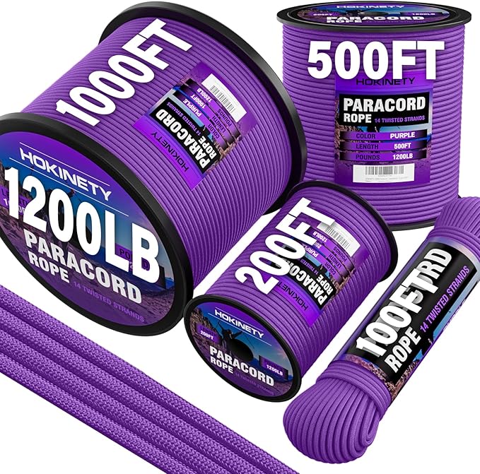 1200 Paracord Rope - 4.4mm 14 Strand Nylon Parachute Spool para Cord Lanyard for Outdoor Camping Survival Utility Tent Crafting DIY Projects Fishing Clothsline Bracelet - Purple 100FT