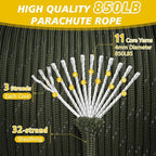 Reflective Paracord Rope 850Ib, 50/100/200/500/1000ft 4MM 11 Strand Parachute Cords, Tactical Paracord String for Camping, Fishing, Clothesline, Hammock, Survival Bracelet, Army Green 200FT