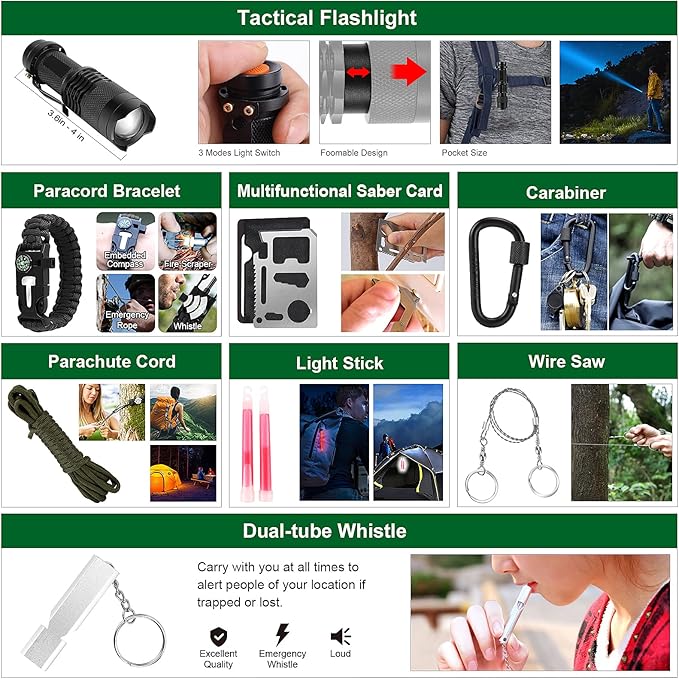 Emergency Survival Kit and First Aid Kit, 142Pcs Professional Survival Gear and Supplies Equipment with Molle Pouch, Gift for Christmas Men Dad Husband Camping Hiking Hunting Outdoor Adventure