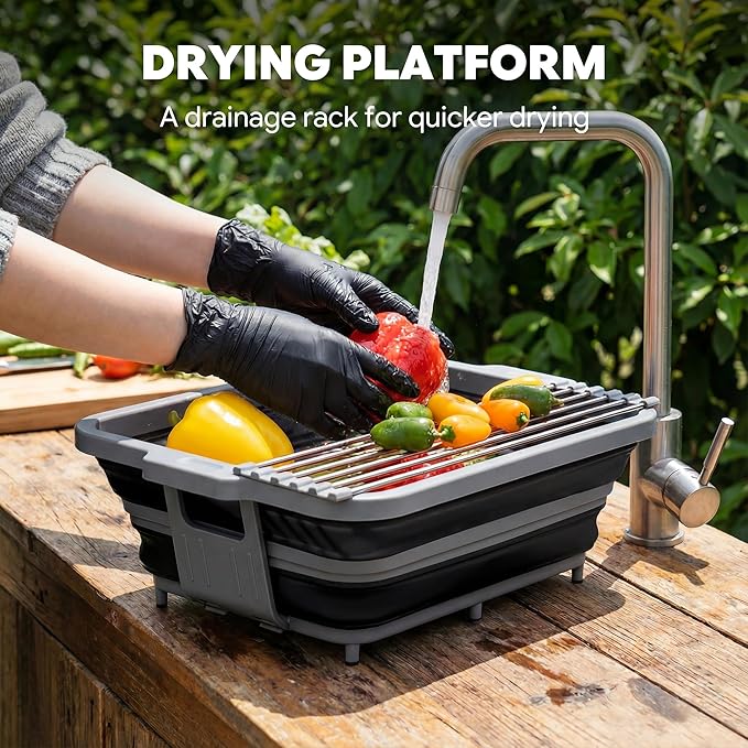 9-IN-1 Collapsible BBQ Prep Tub with Cutting Board, Portable Grill Prep Station with Side Brackets, Lids, Knives, Meat Claws and Drain Rack, Space-Saving for Kitchen, RV, Camping, Black