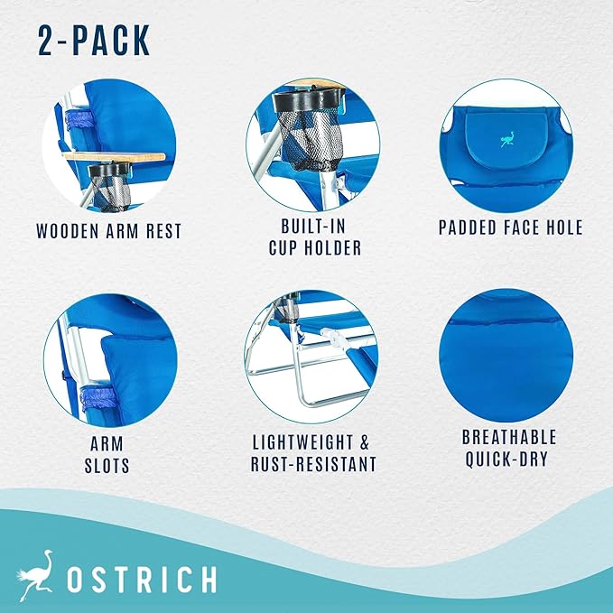 Ostrich Deluxe Padded 3-N-1 Lightweight Portable Adjustable Outdoor Folding Chair for Lawn Beach Lake Camping Lounge with Footrest, Blue (4 Pack)