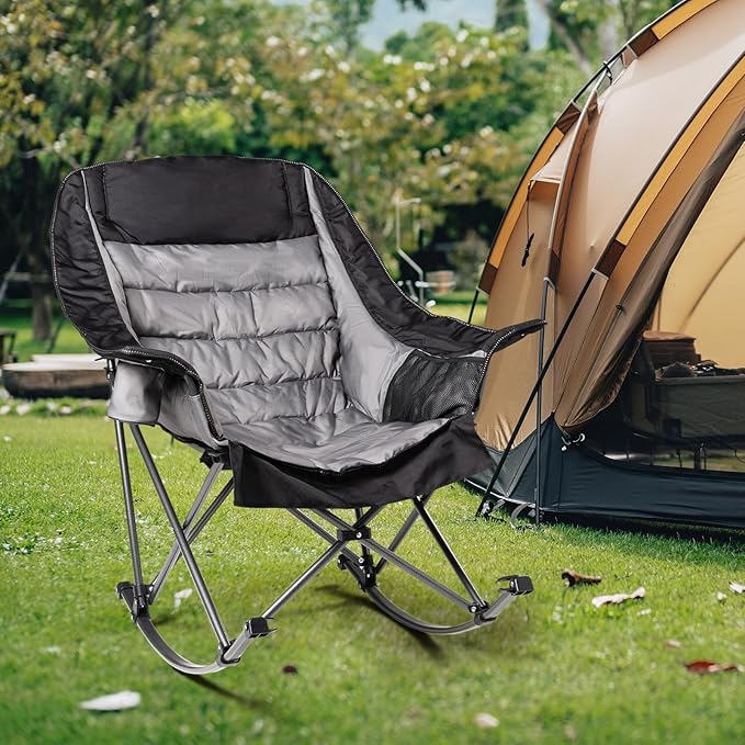 Oversized Rocking Camping Chair for Adults - 400lbs Capacity Padded Camp Chair with Cup Holder, Portable Foldable Outdoor Rocker Chair for Camping, Backyard, Patio (Black & Gray)