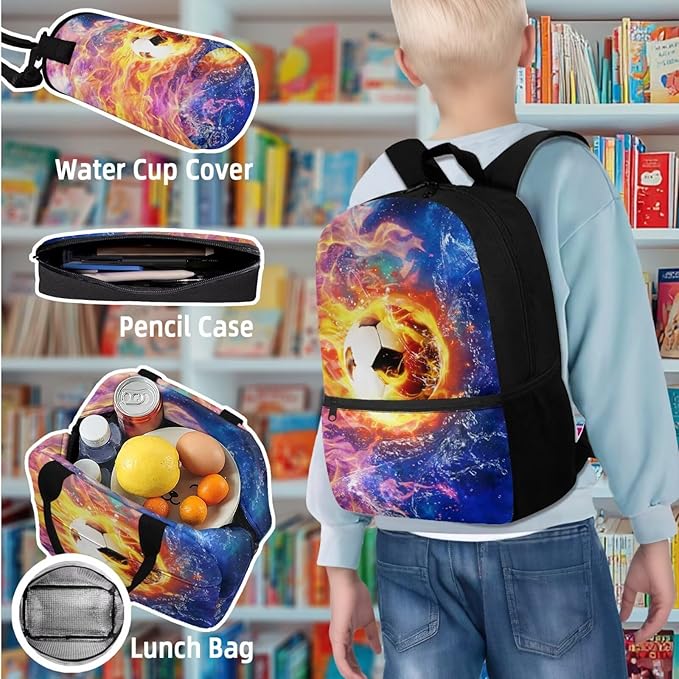 Football School Backpack 17 Inch with Lunch Box and Water Bottle Bag Large Capacity Pencil Case Lightweight Teen Bookbag for Boys Ages 8-16 Kindergarten Elementary Middle Camping Travel