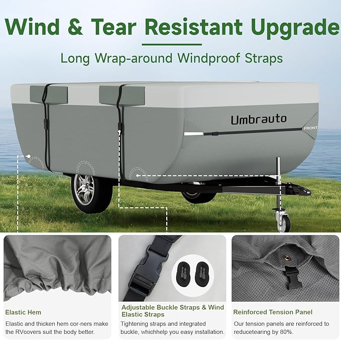 Umbrauto Pop Up Folding Camper Cover Fits 12'-14', Upgraded 7 Layers Top Tent Trailer Cover Waterproof Extra Thick Polypropylene Breathable Ripstop Pop Up Folding Trailer Cover