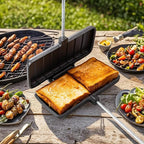Double Cast Iron Pie Pan & Pie Iron Cooker, Pre-Seasoned Heavy-Duty Pie Irons for Camping, Cast Iron Camping Cookware and Campfire Cooking Equipment with Detachable Handles for Indoor/Outdoor Use