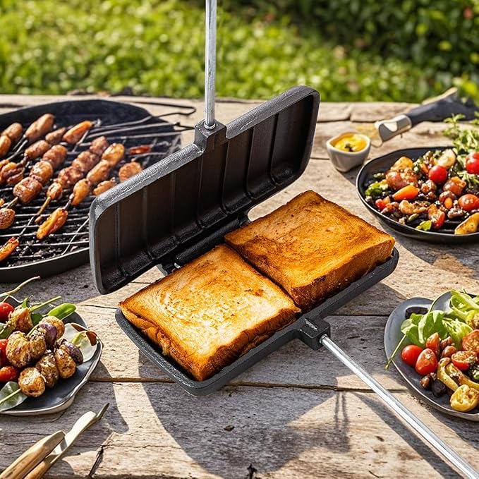 Double Cast Iron Pie Pan & Pie Iron Cooker, Pre-Seasoned Heavy-Duty Pie Irons for Camping, Cast Iron Camping Cookware and Campfire Cooking Equipment with Detachable Handles for Indoor/Outdoor Use