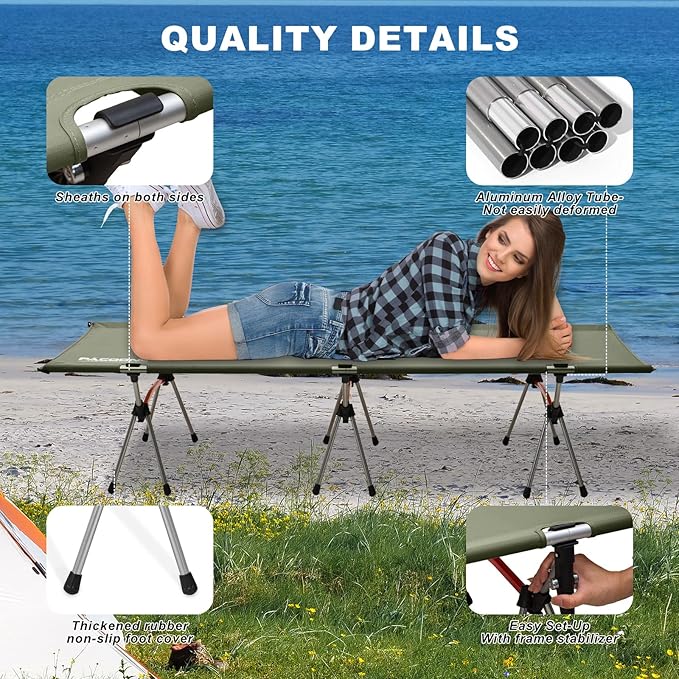 2-in-1 Ultralight Folding Camping Cot with Leg Extenders, Military Camping Cots Bed, Heavy Duty Folding Sleeping Camping Cot for Backpacking Hiking Travel Tent, Support 330 Lbs(Green)