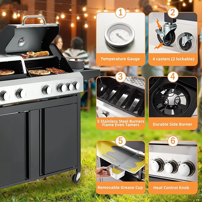 MELLCOM 3 IN 1 Pizza Griddle Grill Combo, 74,000 BTU 5 Burner Stainless Steel Propane Gas Grill with Side Burner,Pizza Oven, Griddle and Porcelain Enameled Cast Iron Grates for Outdoor Patio Backyard